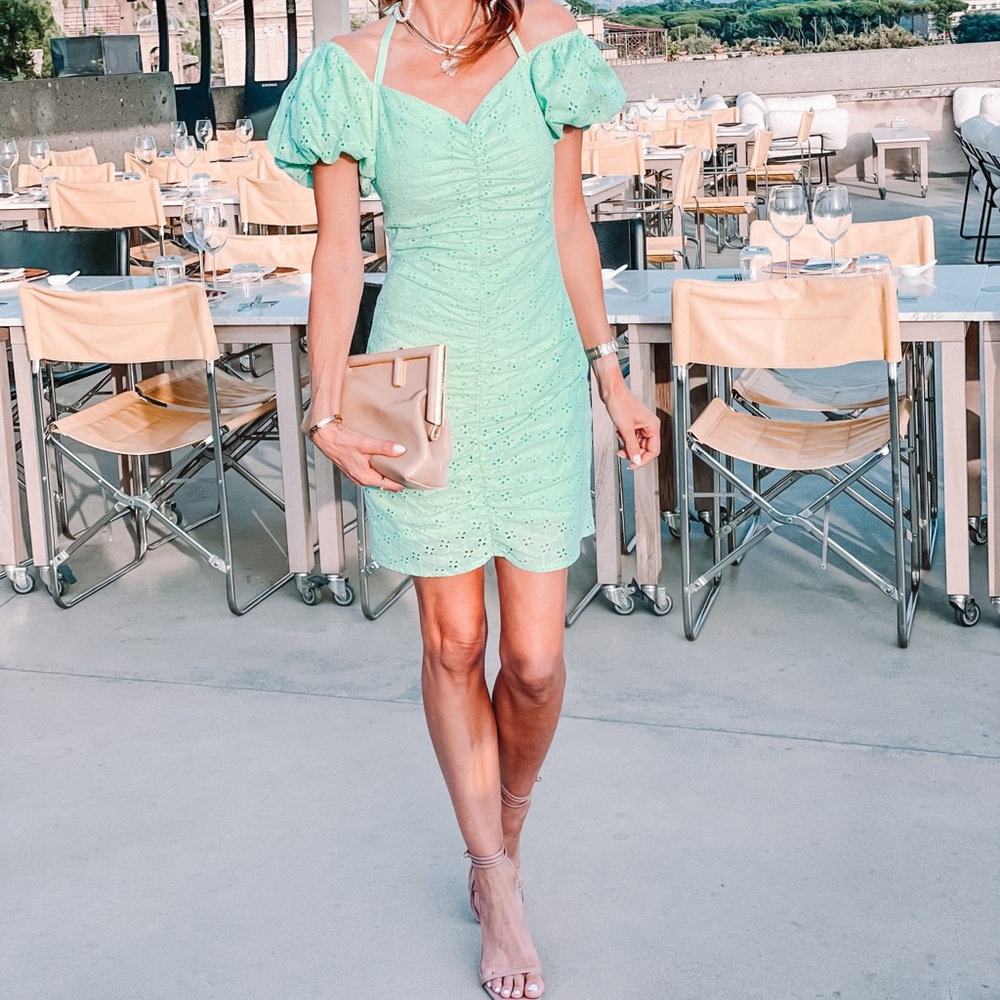 Bcbgeneration puff sleeve halter mini eyelet dress
